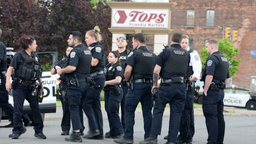 BUFFALO, NY – MAY 14: Buffalo Police on scene at a Tops Friendly Market on May 14, 2022 in Buffalo, New York. According to reports, at least 10 people were killed after a mass shooting at the store with the shooter in police custody. (Photo by John Normile/Getty Images)