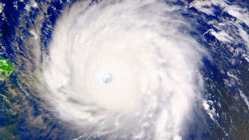 Hurricane Irma spread across a wide area which extend 50 miles (85 kilometres) from the center; tropical-storm-force winds extend up to 185 miles. on September 6 2017, as the eye was over the island of Barbuda. The image was acquired by the VIIRS ‘day-night band,’ which detects light in a range of wavelengths from green to near-infrared and uses filtering techniques to observe signals such as city lights, auroras, wildfires, and reflected moonlight.. (Photo by: Universal History Archive/Universal Images Group via Getty Images)