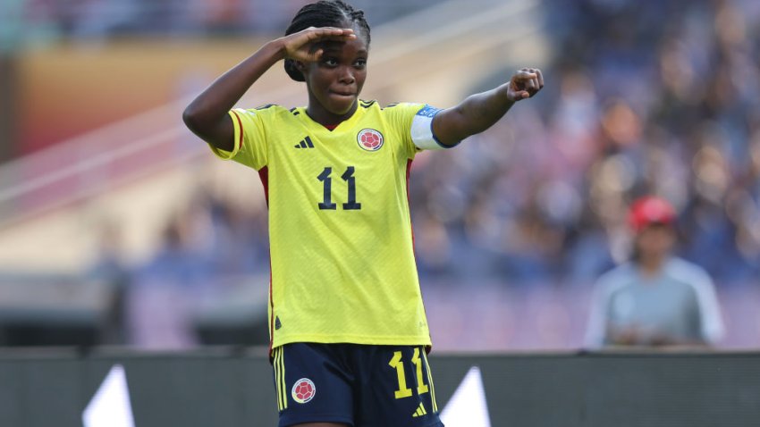 Linda Caicedo of Colombia celebrates after scoring her teams first goal during the FIFA U-17 Women’s World Cup 2022 on October 15, 2022 in Navi Mumbai, India.