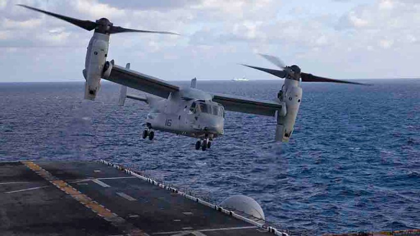 CATANIA, ITALY – JANUARY 13:  An MV-22B Osprey aircraft takes off from the USS Bataan on January 13, 2012 near Catania, Italy. The Bataan, part of the Amphibious Readiness Group, deployed in support of Operation Odyssey Dawn in March 2011 from Norfolk, Virginia and has supported the Fifth and Sixth Fleet areas of operations. Now heading home, the deployment has been one of the longest in U.S. Navy history.  (Photo by Gisele Tellier/Getty Images)