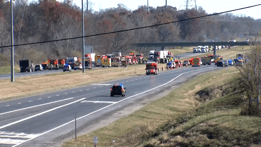 First responders gather on Ohio interstate after fatal bus crash