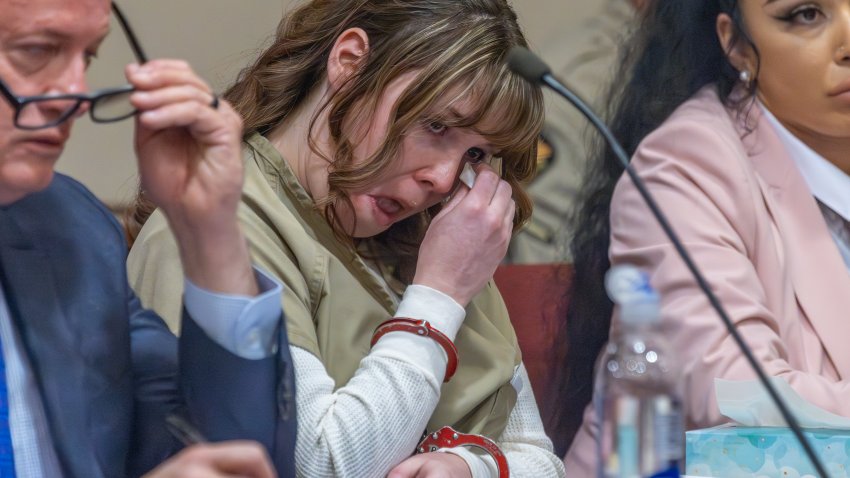 SANTA FE, NEW MEXICO – APRIL 15: Rust armorer Hannah Gutierrez-Reed wipes her tears at her sentencing at district court on  April 15, 2024 in Santa Fe, New Mexico. Armorer on the set of the Western film “Rust,” Gutierrez Reed was convicted by a jury of involuntary manslaughter in the death of cinematographer Halyna Hutchins who was fatally shot by Alec Baldwin in 2021. Gutierrez Reed was sentenced to 18 months in prison. (Photo by Luis Sánchez Saturno-Pool/Getty Images)