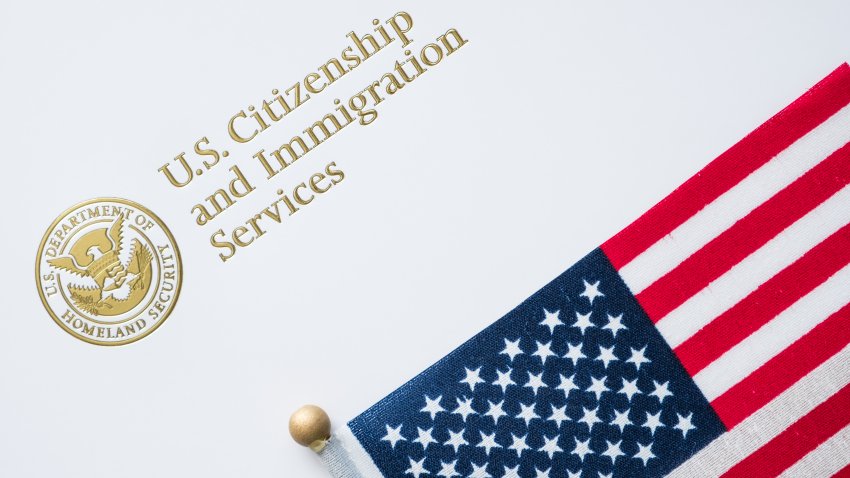 Envelope from U.S. Citizenship and Immigration Services with the American flag on top/U.S. immigration concept