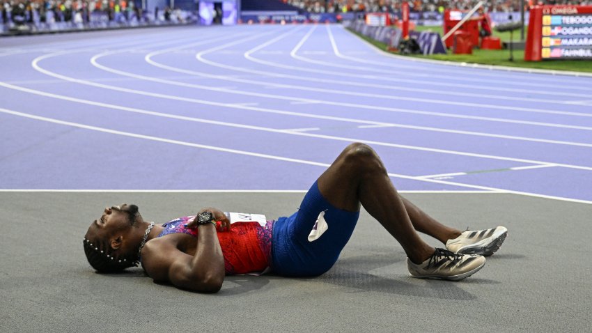 TOPSHOT – US’ Noah Lyles reacts after competing in the men’s 200m final of the athletics event at the Paris 2024 Olympic Games at Stade de France in Saint-Denis, north of Paris, on August 8, 2024.