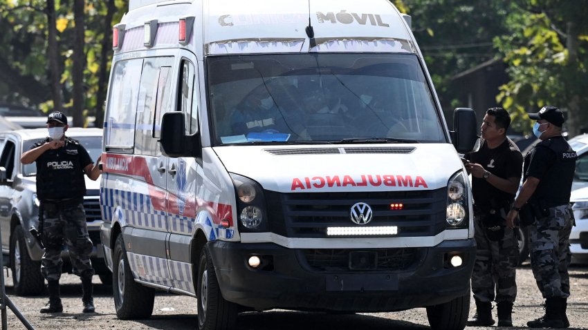 An ambulance leaves the Guayas 1 prison where a new days-long riot between rival gangs claimed at least 18 lives, in the port city of Guayaquil, Ecuador, on July 25, 2023. At least 18 inmates have died in riots that started Saturday at a prison in Ecuador, the prosecutor’s office said Tuesday, as soldiers and police stormed the facility in the port city of Guayaquil. “So far, the deaths of 18 prisoners is confirmed,” the entity said in a social media post. “In addition, 11 people including a policeman have been injured.” (Photo by Marcos PIN / AFP) (Photo by MARCOS PIN/AFP via Getty Images)