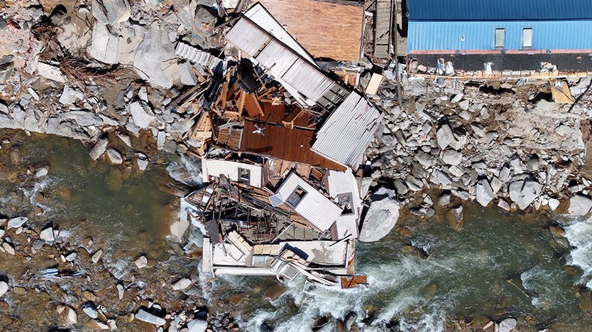 BAT CAVE, NORTH CAROLINA – OCTOBER 08: An aerial view of destroyed and damaged buildings in the aftermath of Hurricane Helene flooding on October 8, 2024 in Bat Cave, North Carolina. Bat Cave was particularly hard hit by flooding. Recovery efforts continue as the death toll has risen to over 230 while the powerful Hurricane Milton is on track to make landfall in Florida. (Photo by Mario Tama/Getty Images)