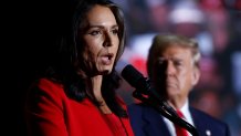 GREENSBORO, NORTH CAROLINA - OCTOBER 22: Former U.S. Representative from Hawaii Tulsi Gabbard speaks as Republican party as Republican presidential nominee, former U.S. President Donald Trump listens at a campaign rally at the Greensboro Coliseum on October 22, 2024 in Greensboro, North Carolina. With 14 days to go until Election Day, Trump continues to crisscross the country campaigning to return to office. (Photo by Anna Moneymaker/Getty Images)