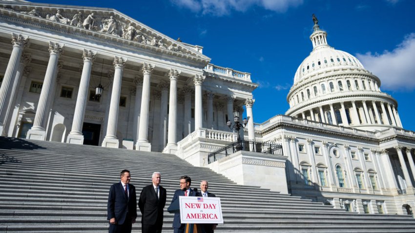 UNITED STATES – NOVEMBER 12: From left, NRCC chairman Rep. Richard Hudson, R-N.C., House Majority Whip Tom Emmer, R-Minn., Speaker Mike Johnson, R-La., and House Majority Leader Steve Scalise, R-La., hold a post-election news conference outside the Capitol on Tuesday, November 12, 2024. (Bill Clark/CQ-Roll Call, Inc via Getty Images)