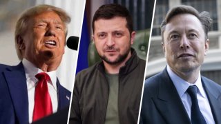 El futuro presidente de EEUU, Donald Trump (i), el presidente de Ucrania, Volodymyr Zelenskyy (c), y el magnate Elon Musk (d).