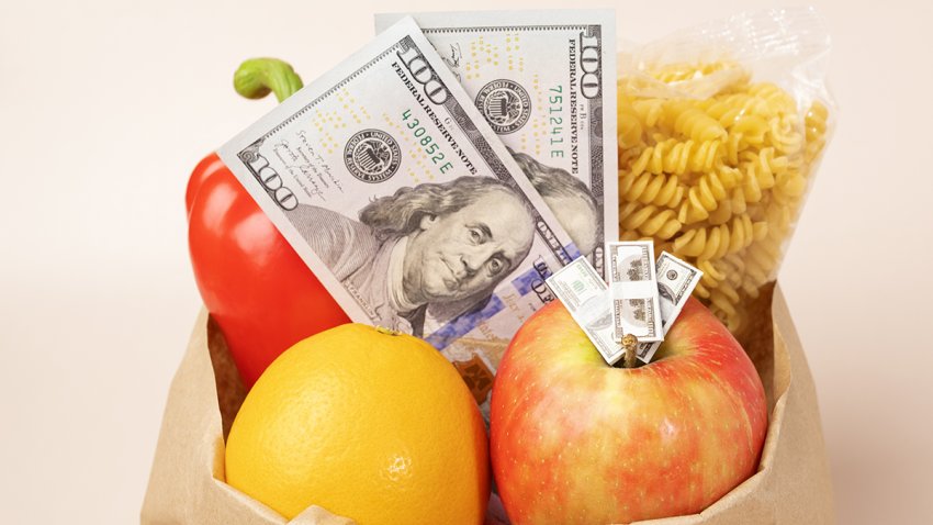 food inflation, Grocery bag with products and big and small money, shopping expenses, expensive foodstuffs