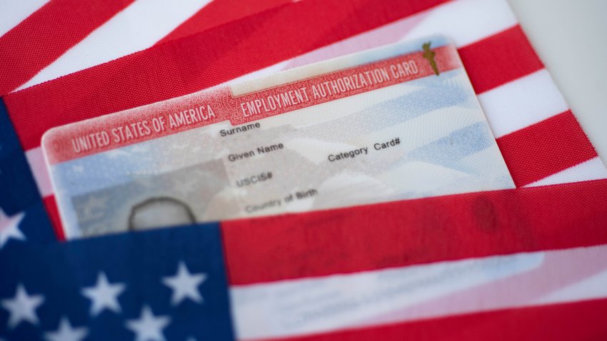 Employment Authorization card on USA Flag surface. Close up view.