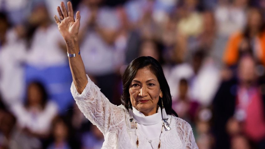 CHICAGO, ILLINOIS – AUGUST 22: U.S. Interior Secretary Deb Haaland departs after speaking on stage during the final day of the Democratic National Convention at the United Center on August 22, 2024 in Chicago, Illinois. Delegates, politicians, and Democratic Party supporters are gathering in Chicago, as current Vice President Kamala Harris is named her party’s presidential nominee. The DNC takes place from August 19-22. (Photo by Kevin Dietsch/Getty Images)