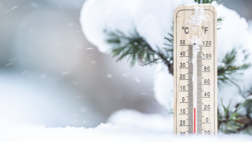 Thermometer in the snow shows low temperatures in Celsius and Farenhaits.