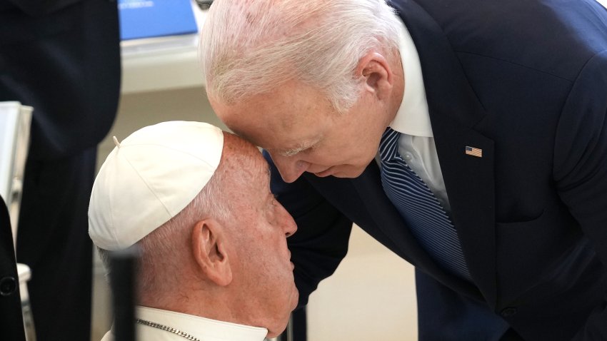 FASANO, ITALY – JUNE 14: U.S. President Joe Biden welcomes Pope Francis during a working session on Artificial Intelligence (AI), Energy, Africa-Mediterranean on day two of the 50th G7 summit at Borgo Egnazia on June 14, 2024 in Fasano, Italy. The G7 summit in Puglia, hosted by Italian Prime Minister Giorgia Meloni, the seventh held in Italy, gathers leaders from the seven member states, the EU Council, and the EU Commission. Discussions will focus on topics including Africa, climate change, development, the Middle East, Ukraine, migration, Indo-Pacific economic security, and artificial intelligence. (Photo by Christopher Furlong/Getty Images)