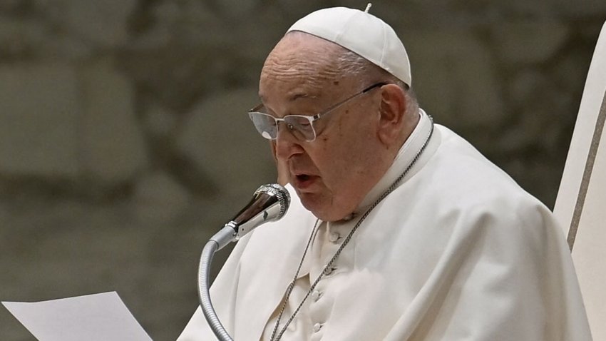 Pope Francis attends the weekly general audience on February 12, 2025 at Paul-VI hall in The Vatican. (Photo by Filippo MONTEFORTE / AFP) (Photo by FILIPPO MONTEFORTE/AFP via Getty Images)