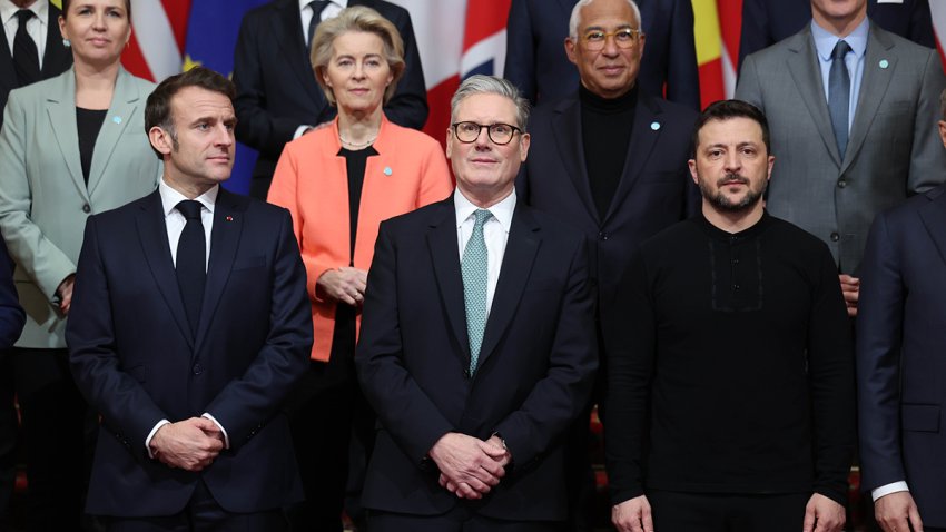 Emmanuel Macron, France’s president, bottom left, Keir Starmer, UK’s prime minister, bottom center, and Volodymyr Zelenskiy, Ukraine’s president, bottom second right, and other world leaders at a family photo during a summit at Lancaster House in London, UK, on Sunday, March 2, 2025. Starmer is hosting Zelenskiy and more than a dozen other European leaders to discuss security guarantees the continent can offer Kyiv in the event of a ceasefire with Russia. Photographer: Neill Hall/EPA/Bloomberg via Getty Images