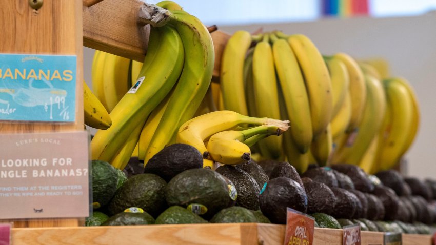 Avocados and bananas from Mexico at a grocery store in San Francisco, California, US, on Thursday, Jan. 30, 2025. Prices for avocados, the main ingredient in guacamole, have been on the rise and more pressure is coming on Feb. 1 with President Trump expected to enact 25% tariffs on imports from Mexico, which produces 90% of the avocados Americans consume. Photographer: David Paul Morris/Bloomberg via Getty Images