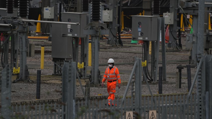 A view of the North Hyde electrical substation which caught fire Thursday night. Flights resumed at the west London airport on Friday evening and restrictions on overnight flights were temporarily lifted following hours of closure, after a blaze knocked out an electricity substation in Hayes late on Thursday evening. Picture date: Saturday March 22, 2025. (Photo by Maja Smiejkowska/PA Images via Getty Images)