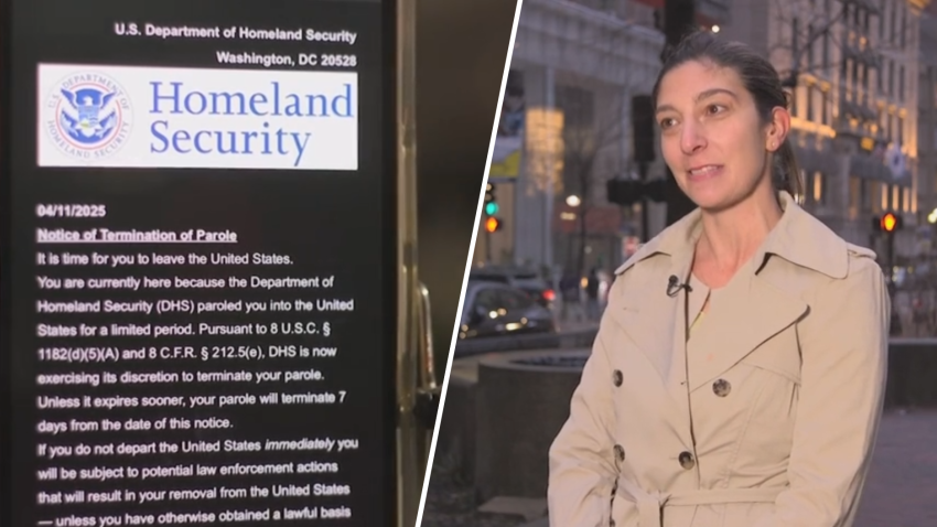 At left, a DHS parole termination notice email that was sent to Massachusetts immigration attorney Nicole Micheroni, seen at right.