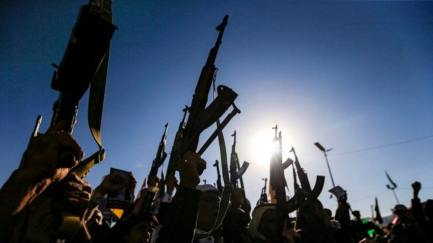 ers of Yemen’s Huthis gather with pictures of Hamas’ slain leader Yahya Sinwar during a rally held in the Huthi-controlled capital Sanaa on October 18, 2024 in protest against Israel’s attacks on Lebanon and the ongoing war between Israel and Hamas militants in the Gaza Strip. Israel announced on October 17 the killing of Sinwar, mastermind of the October 7 attack, calling his death a “heavy blow” to the Palestinian group it has been fighting for more than a year. (Photo by Mohammed HUWAIS / AFP) (Photo by MOHAMMED HUWAIS/AFP via Getty Images)