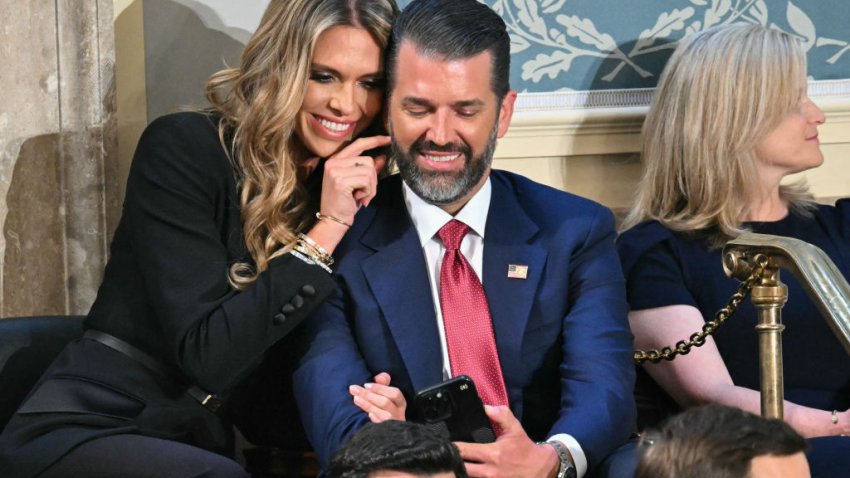 Donald Trump Jr. (R) sits with Bettina Anderson ahead of US President Donald Trump’s address to a joint session of Congress in the House Chamber of the US Capitol in Washington, DC, on March 4, 2025. (Photo by SAUL LOEB / AFP) (Photo by SAUL LOEB/AFP via Getty Images)