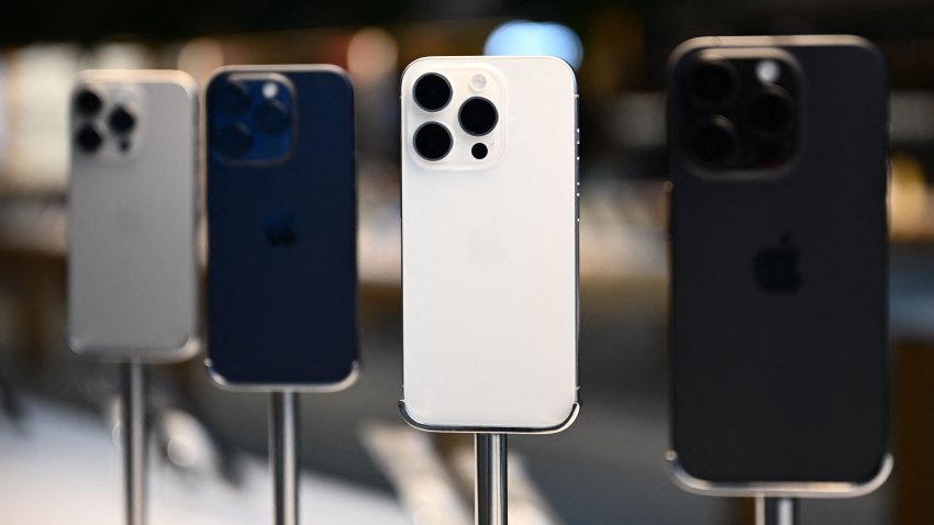 Apple iPhone 15 Pro series devices are displayed for sale at The Grove Apple store on launch day in Los Angeles, California on Sept. 22, 2023.